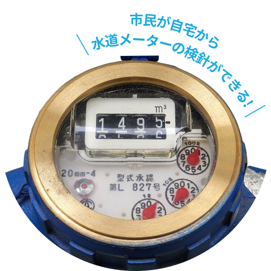 「市民が自宅から水道メーターの検針ができる！」というメッセージの下にメーターの参考画像が掲載されている